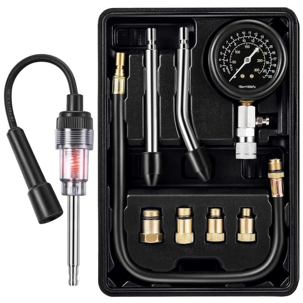 9-Piece Automotive Compression Tester Kit with Spark Plug Tester - Universal Use