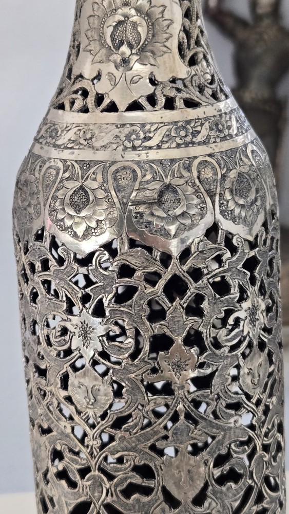 EXCEPTIONAL ANTIQUE PERSHIAN QAJAR SILVER BOTTLE DECANTER OPEN WORK