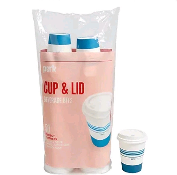 Perk Paper Cup & Lid Combo, 12 Oz., White/Blue, 50/Pack