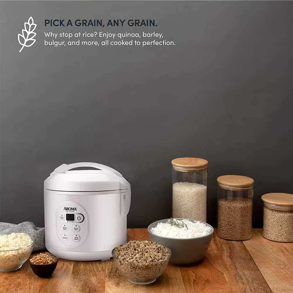 8-Cup White Digital Rice Cooker in Black Control Panel