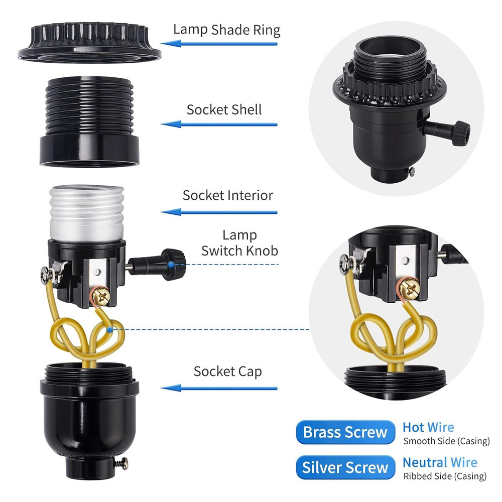UL Listed E26 Lamp Socket Replacement, Turn Switch Knob On/Off, Threaded Medium