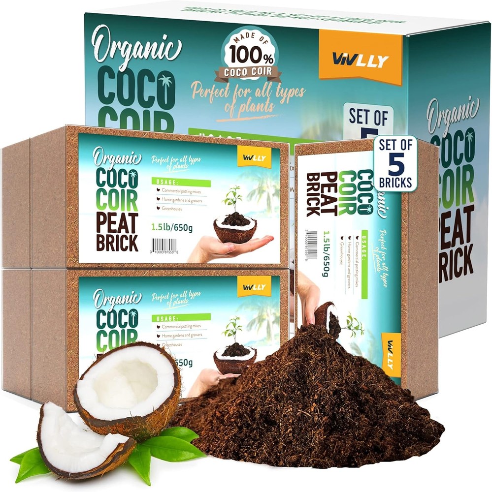 Coco Coir Bricks 5-Pack (650g Each) – Peat-Free Coconut Coir/Peat, Low EC & pH