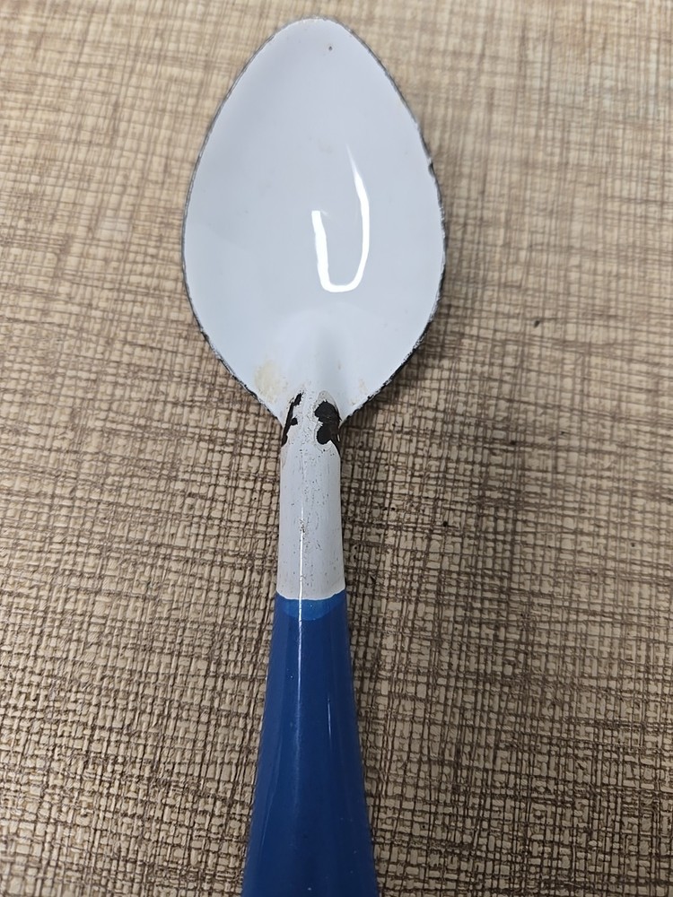 Vintage Enamel 8” & 6" Serving Spoons / Blue & White