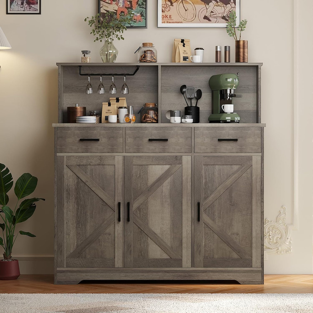 Farmhouse Buffet Sideboard with Microwave Stand & Barn Doors, Grey