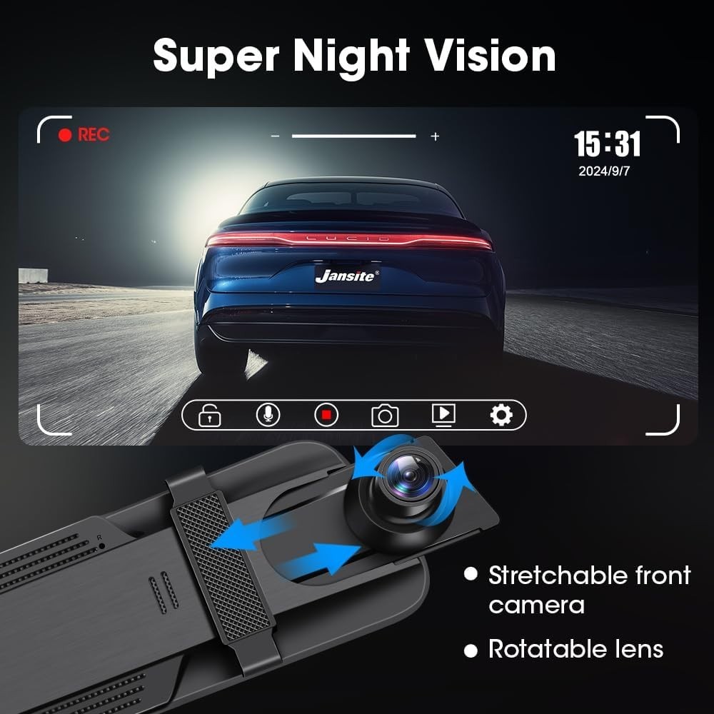 Rearview Mirror Dash Cam with Touch Control & Super Night Vision Features