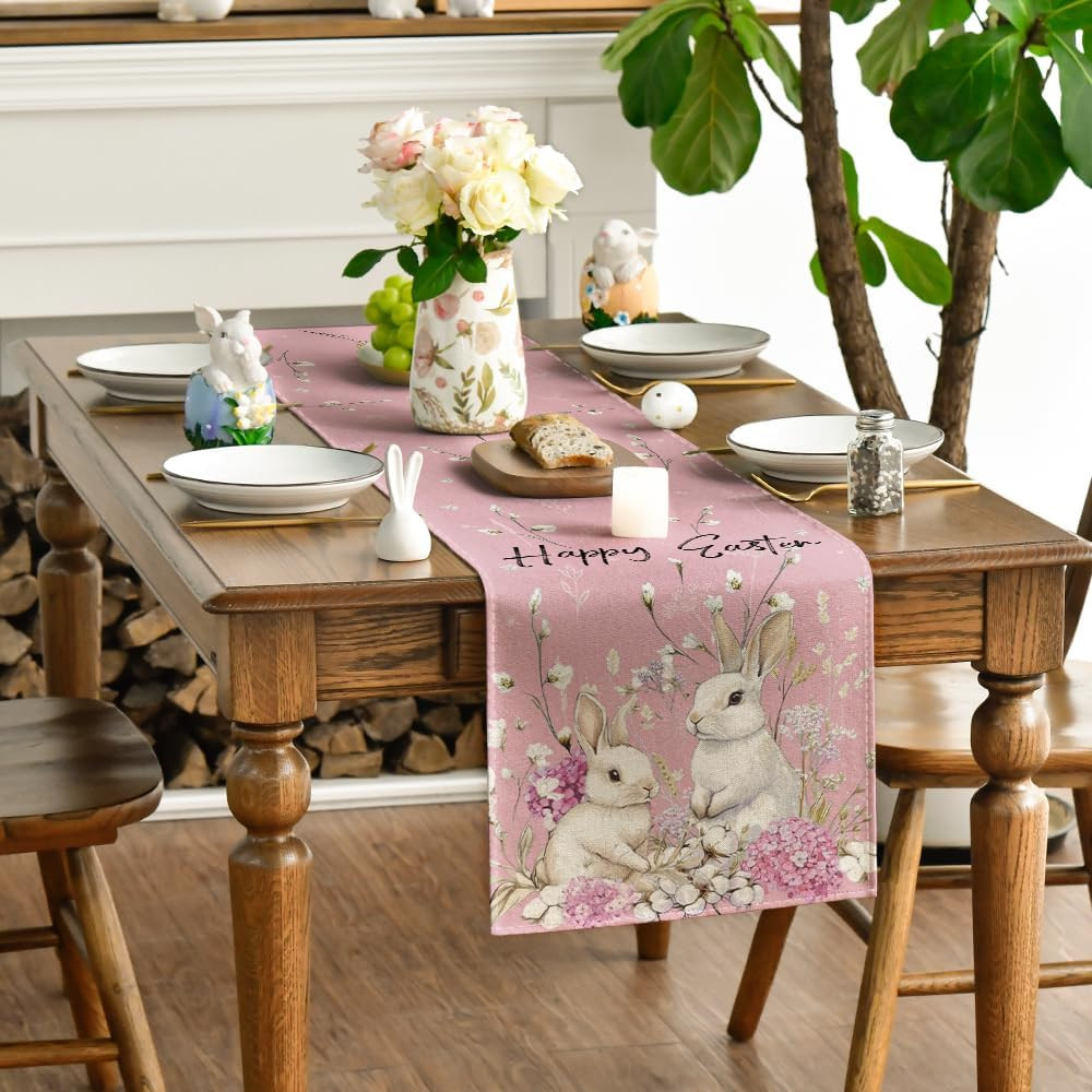 Pink Bunny Rabbit Hydrangea Happy Easter Table Runner, Seasonal Spring Kitchen D