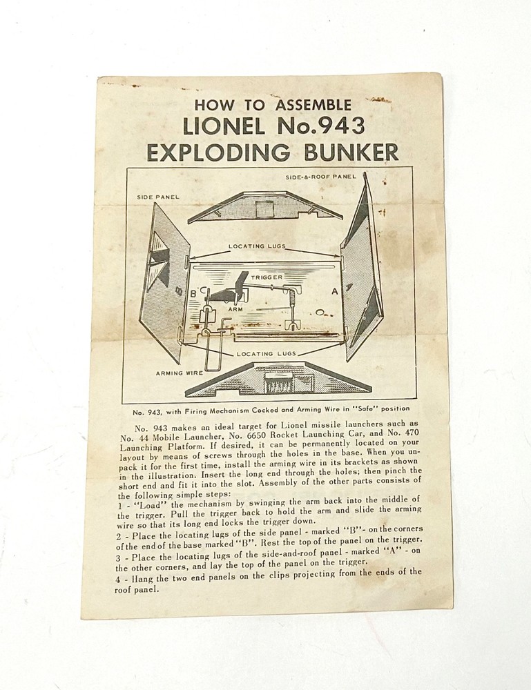 Postwar Lionel 943 Exploding Bunker INSTRUCTION SHEET C6