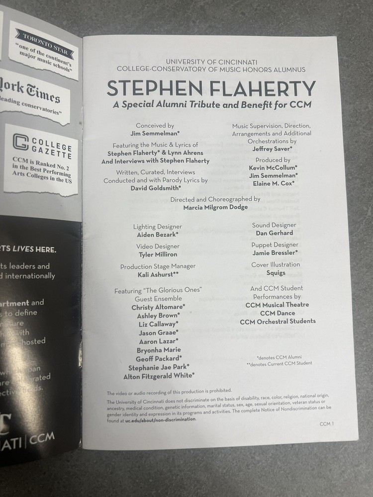 Carnegie Hall Program January 2024 UC CCM Alumni Tribute Stephen Flaherty