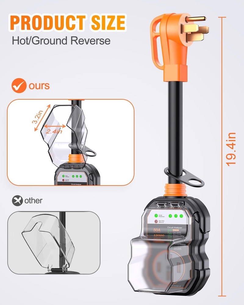 GEARGO RV Surge Protector 50Amp 15000J RV Circuit Analyzer LED IP68 Adapter Plug