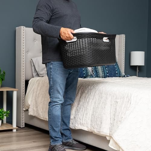 40L Laundry Basket, Clothes Hamper, Premium Wicker Design, Plastic Single Black