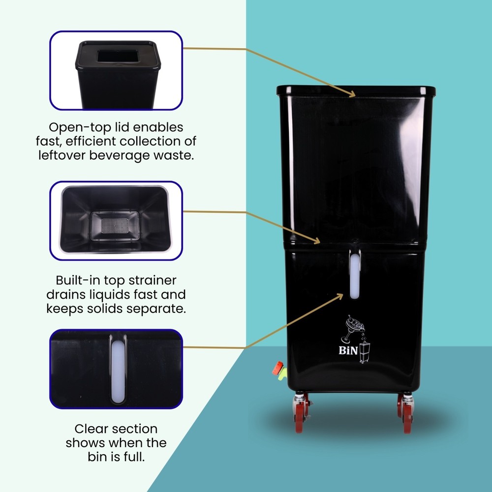Black Drink Dump Bin w/ Wheels – Dual Compartment Liquid & Trash Disposal