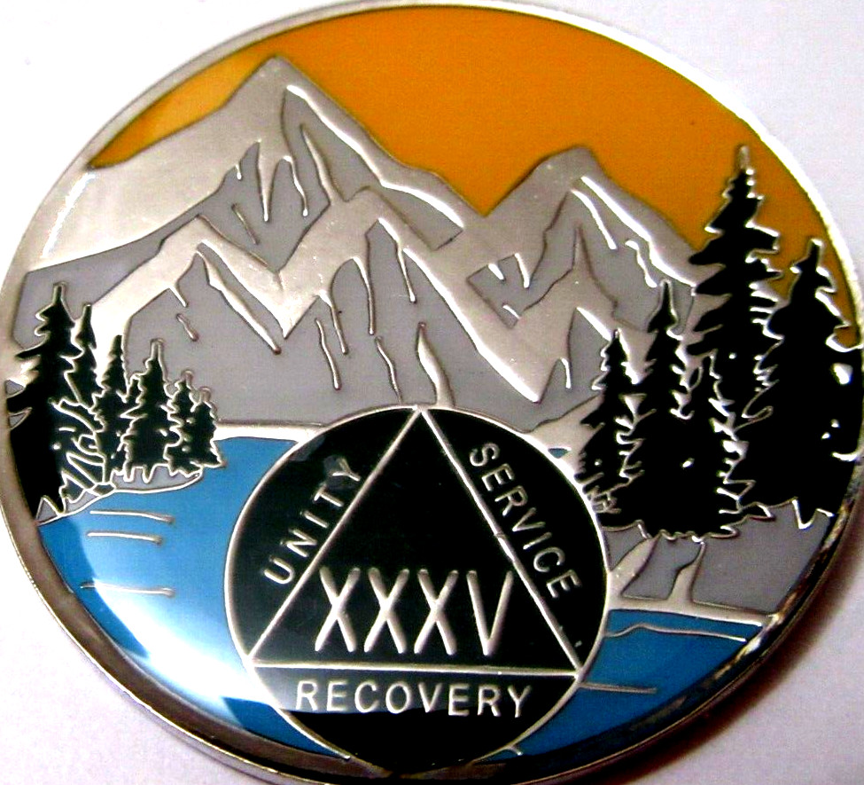 Mountain Blue green Alcoholics Anonymous 35 year AA silver Medallion Coin Token