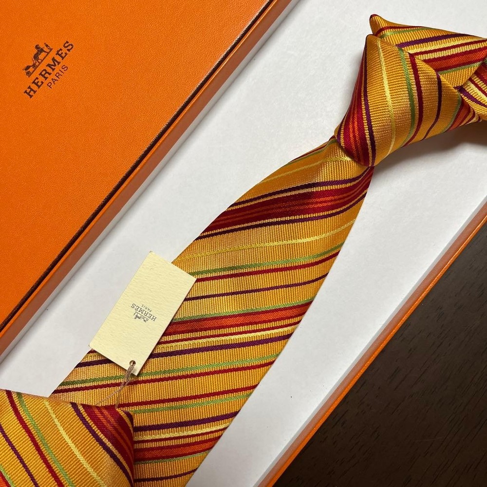 HERMES Tie Orange Multi Color Stripe Jacquard