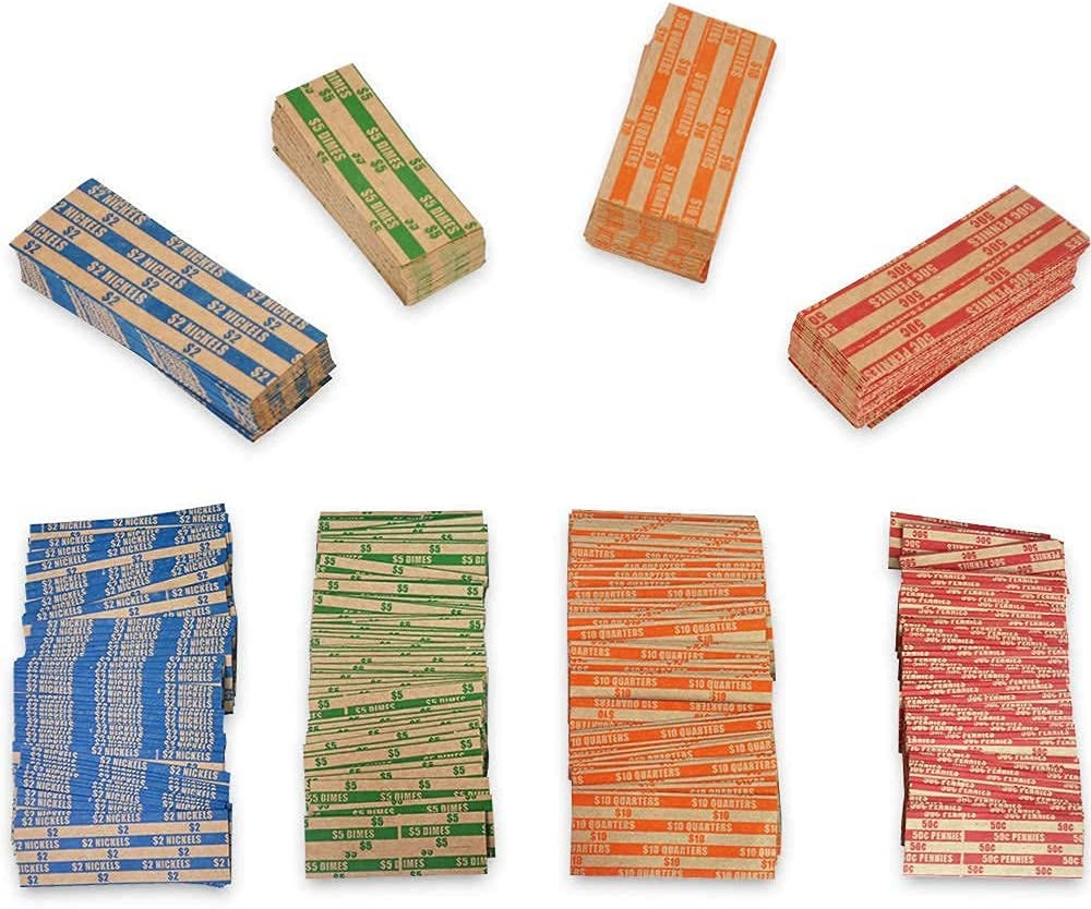 Essential 200 Pcs Assorted Packed Flat Stripped Coin Wrappers,Coin Rolls Wrapper