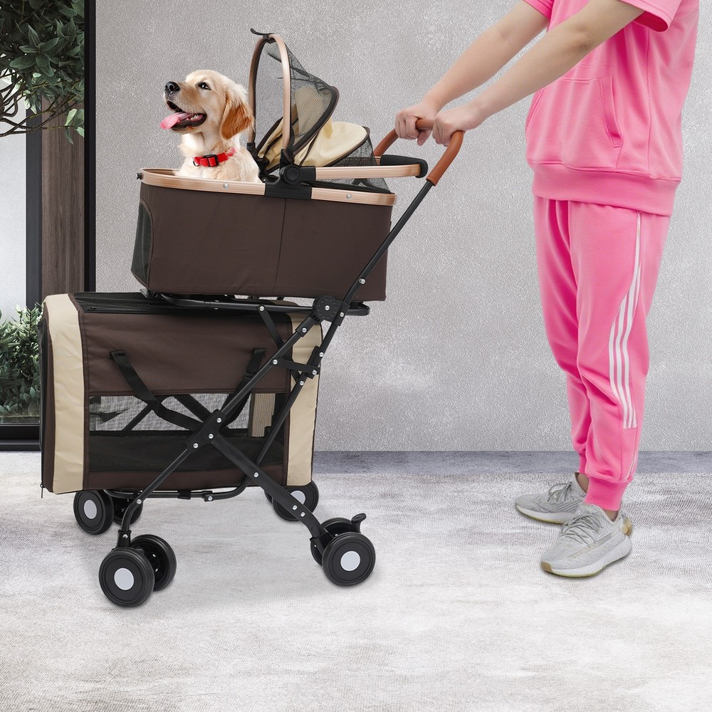 2-Tiers Cat Stroller Foldable Pet Stroller Small & Medium Dogs Stroller 77lbs