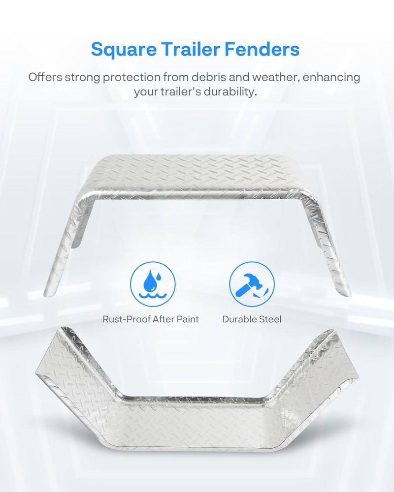 Single Axle Square Trailer Fender for 14-16 Inch Wheels Diamond Plate Steel