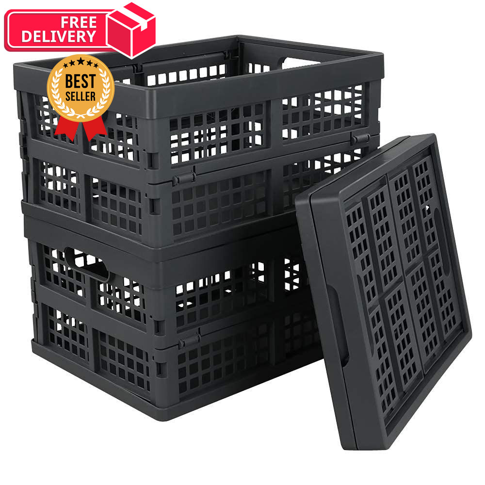 Idotry 3-PACK 15 L Plastic Stacking Folding Storage Crates, 15 L, gray