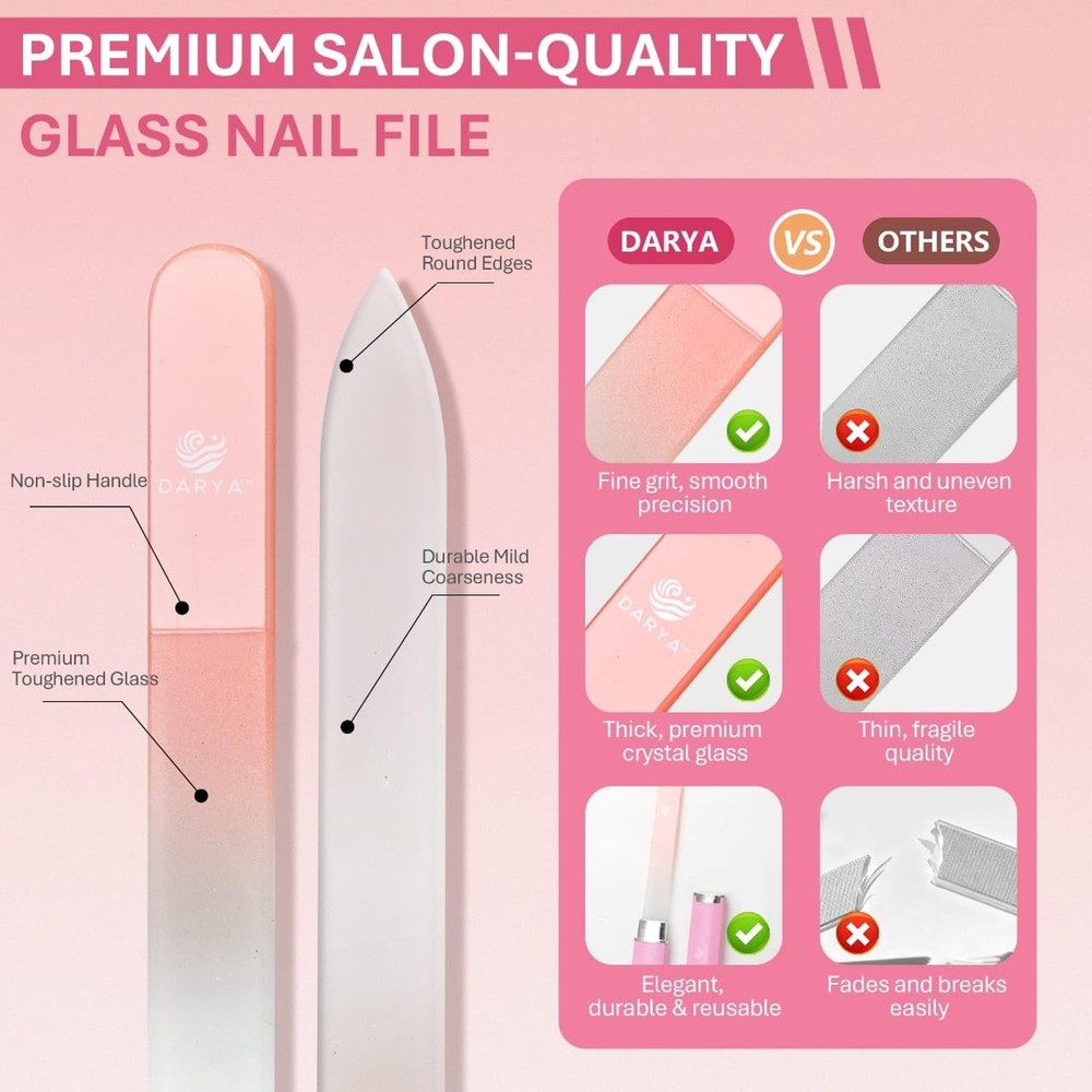 DARYA Crystal Glass Nail File Set (2 Pack) with Protective Case – Pink