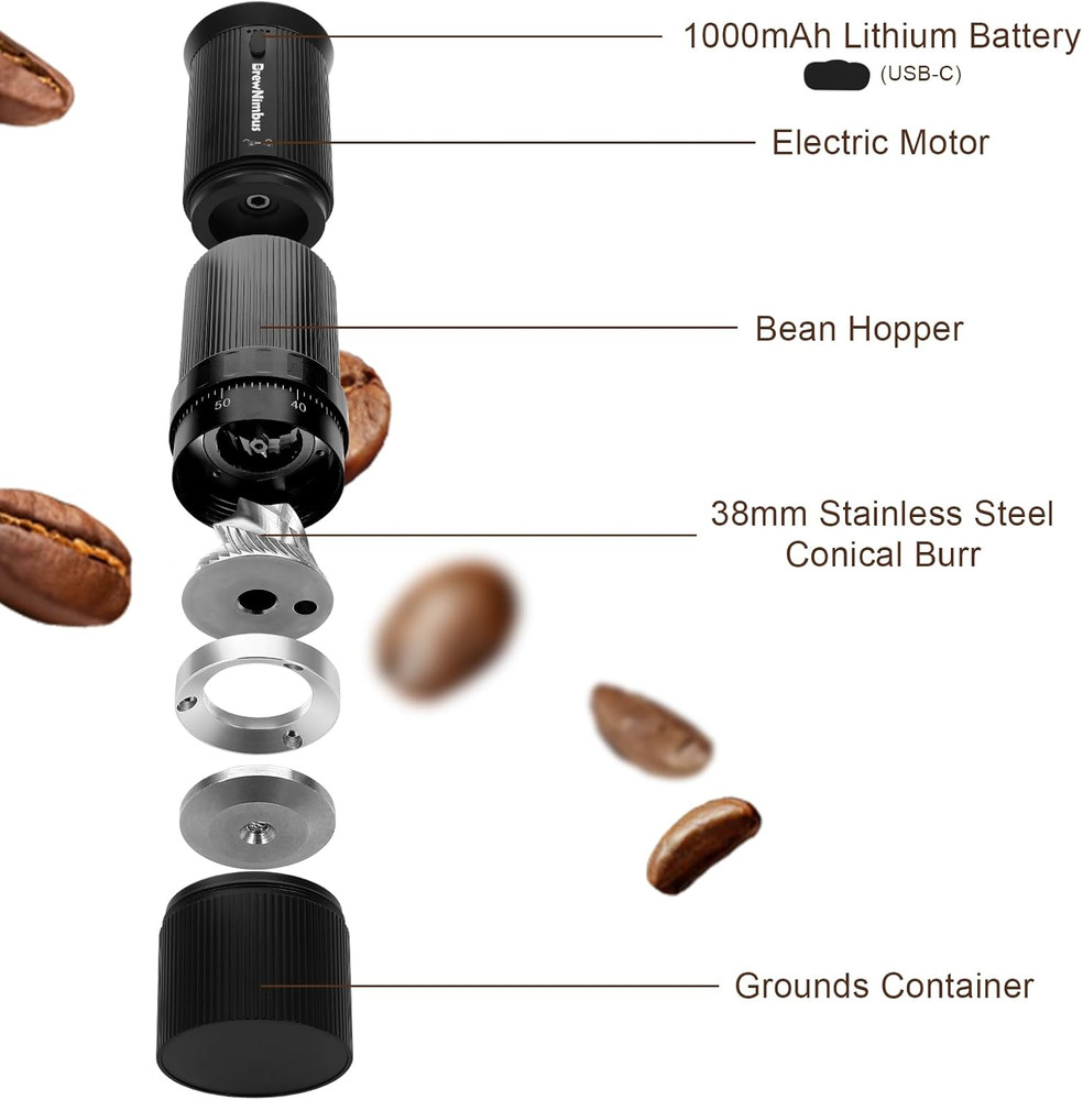 Rechargeable Portable Electric Coffee Grinder with Adjustable Settings - Black