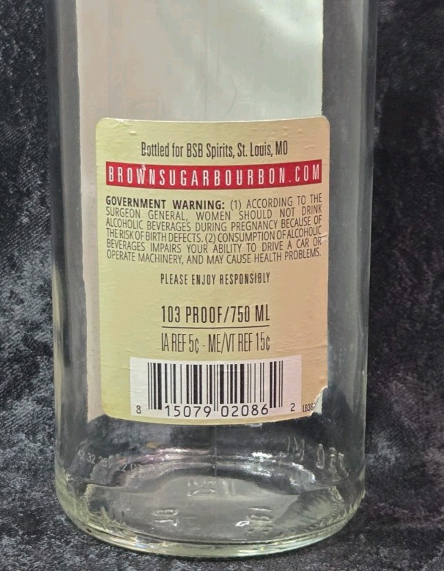 Empty Brown Sugar Bourbon Whiskey (BSB) 103 Bottle With Cap