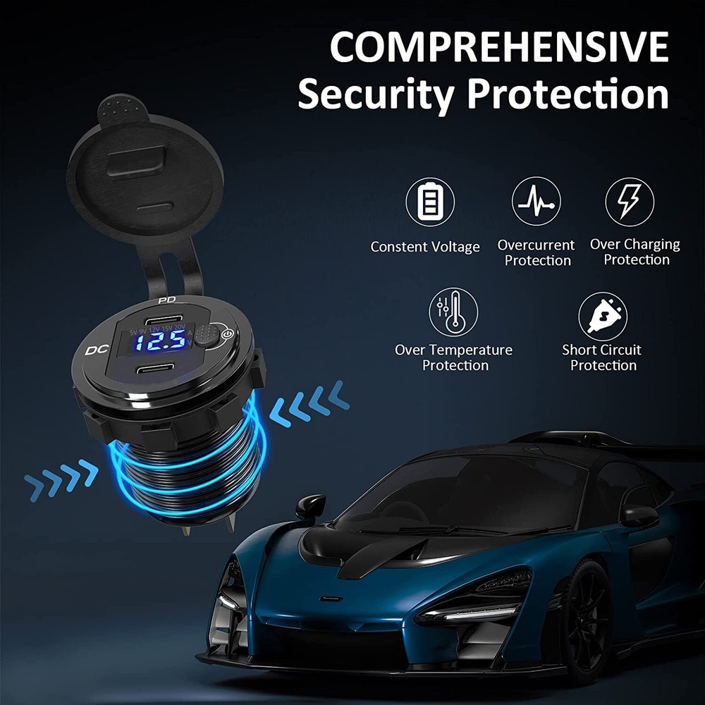 12V-24V USB Voltmeter Voltage Current USB C Outlet Socket Car Charger Aluminum