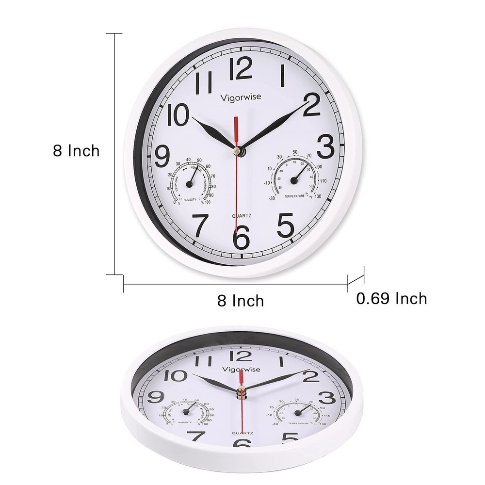 8 Inch White Wall Clock, Sweep Silent Movement Accurate Clocks with Temperatu...