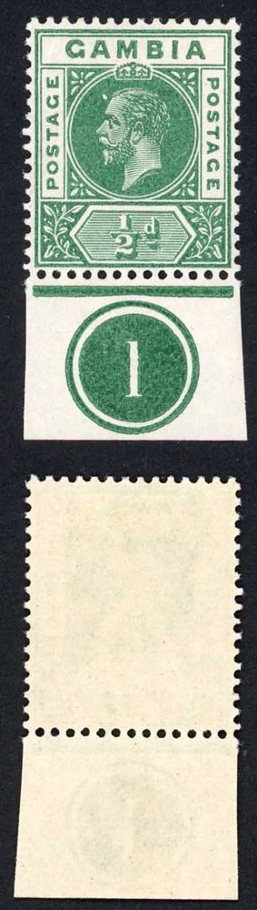 Gambia SG86 1/2d Deep Green Wmk Mult CA Plate Number Example U/M