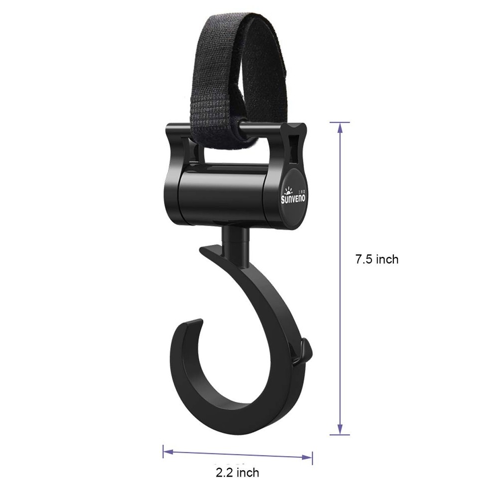 SUNVENO Stroller Hooks 2 Pack, 360° Rotating Universal 2 Black