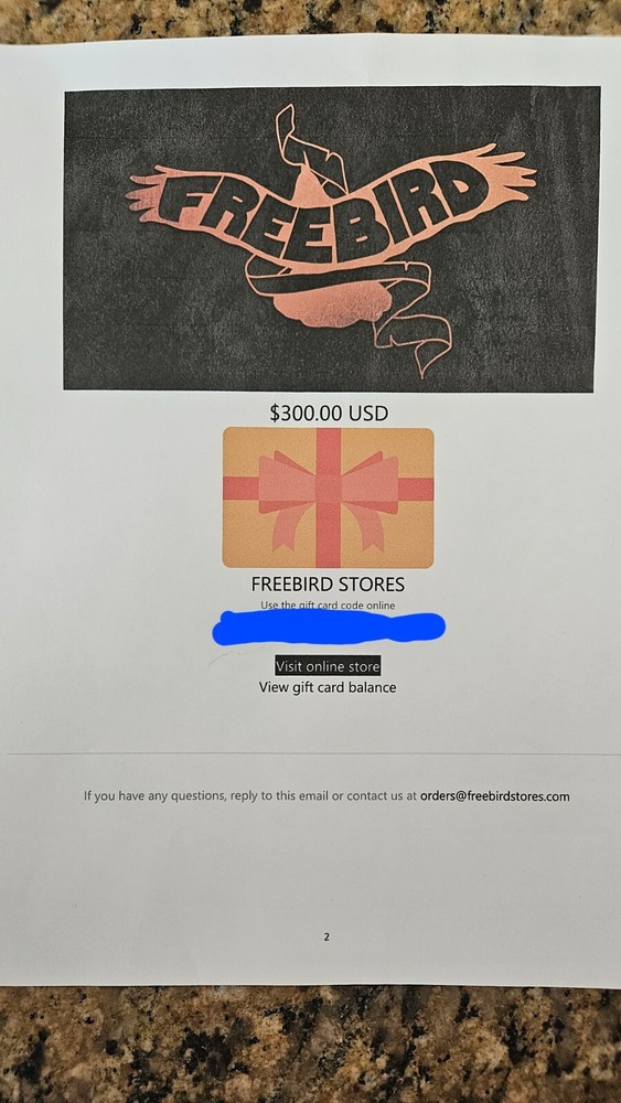 $300 Freebird Gift Card
