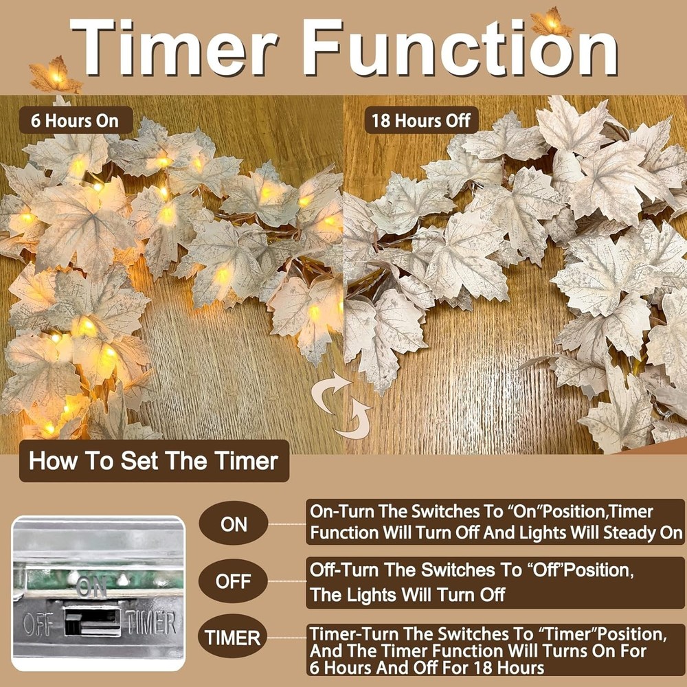 Timer - 2 Pack Fall Decor Garland with Lights 2 Pack, Grey White