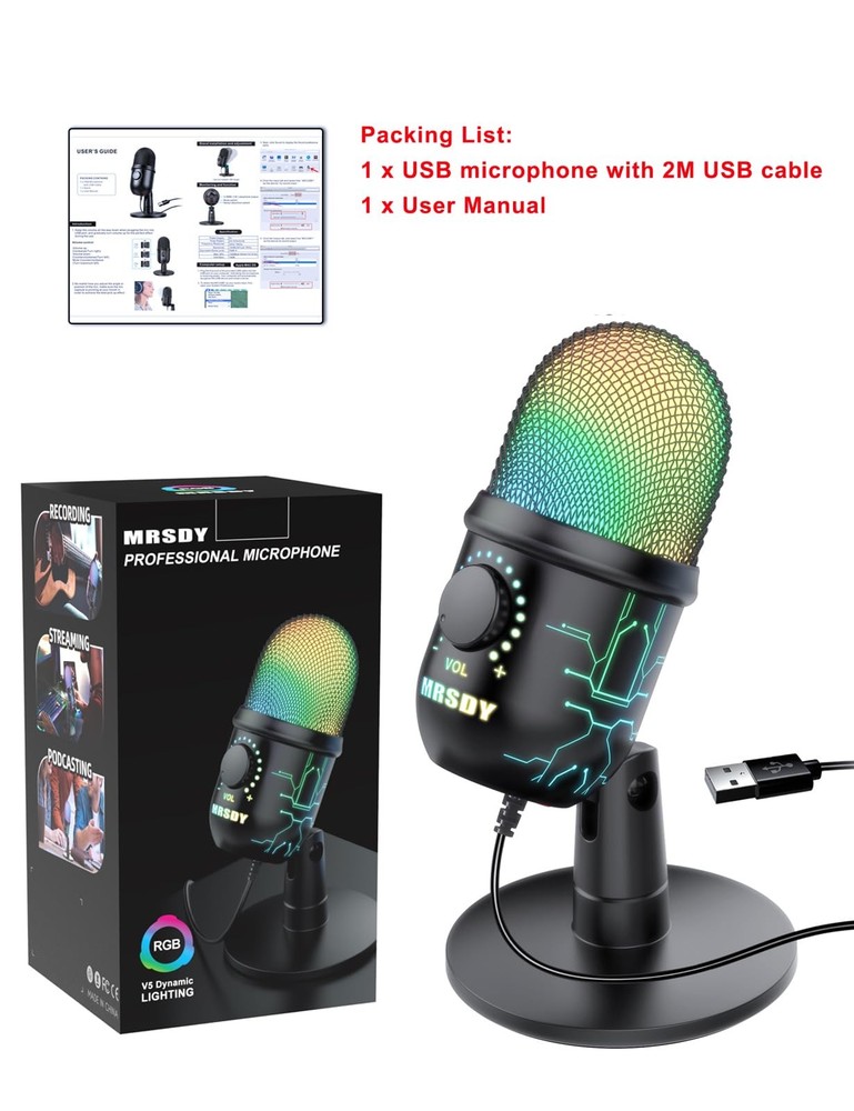 Gaming Microphone, USB Computer Microphone for PC, Mac, PS4/5, Condenser Podc...