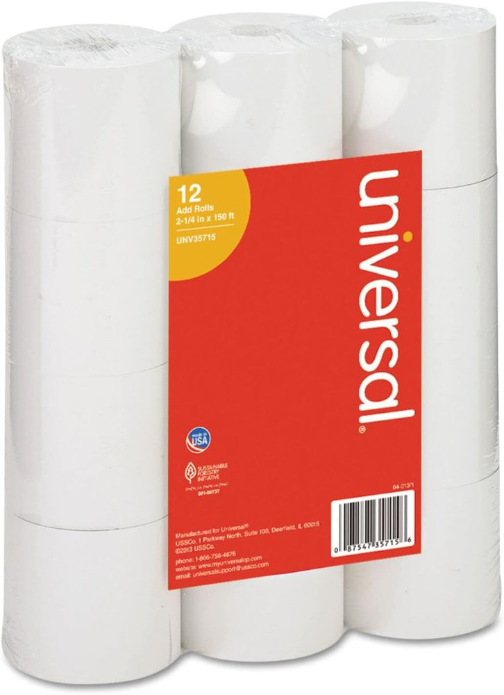 Adding Machine/Calculator Roll, 2-1/4"X150 Ft White 12/Pack, UNV35715