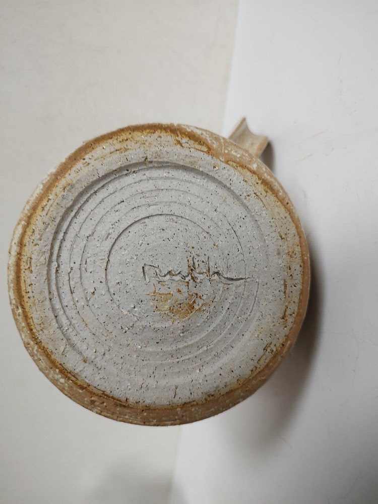 Art pottery pitcher Unusual applied overlapping handles 7" Signed