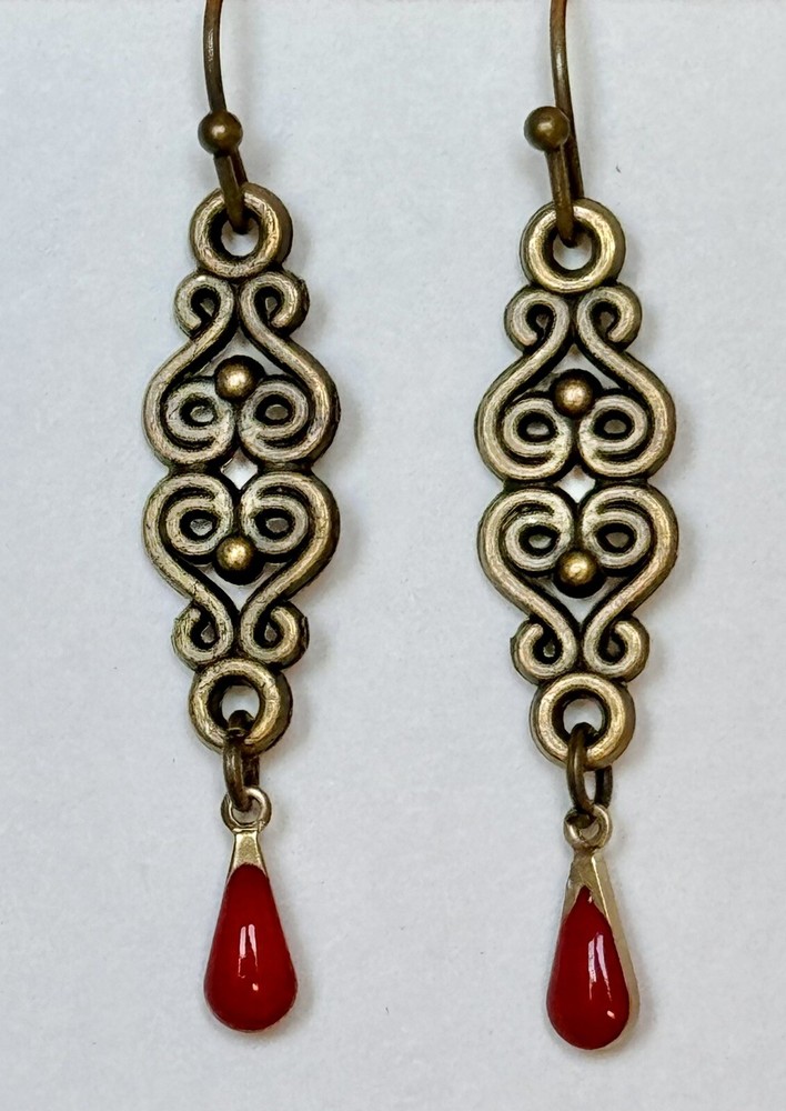 Etched Bronze Design with Red Teardrop Dangle Earrings.