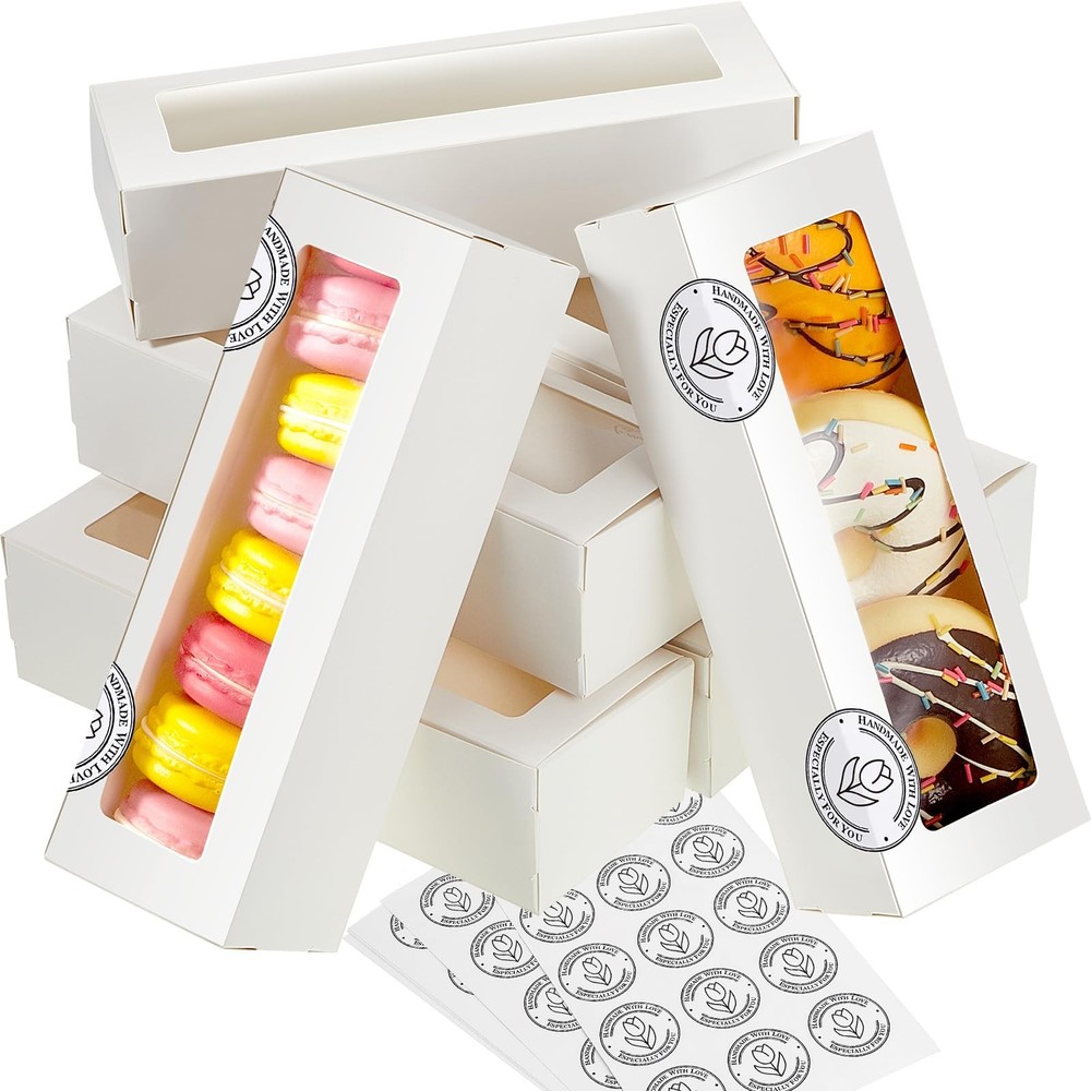 50 Pcs Macaron Boxes with Window, White Bakery Boxes with Stickers, Cookie & ...