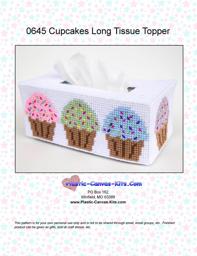 Cupcakes Long Style Tissue Box Topper-Plastic Canvas Pattern or Kit