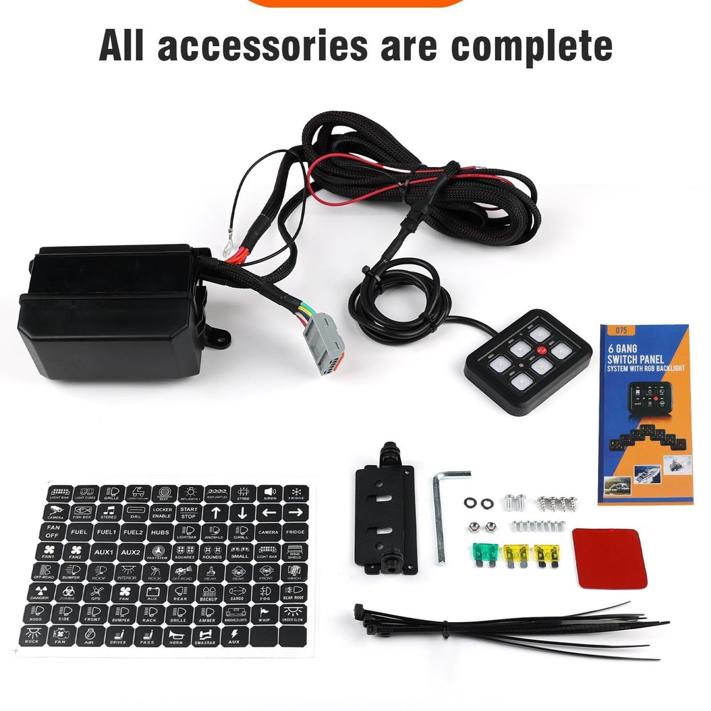 6 Gang Switch Panel with Fuse Wiring Harness and Label Sticker, Universal Aux...