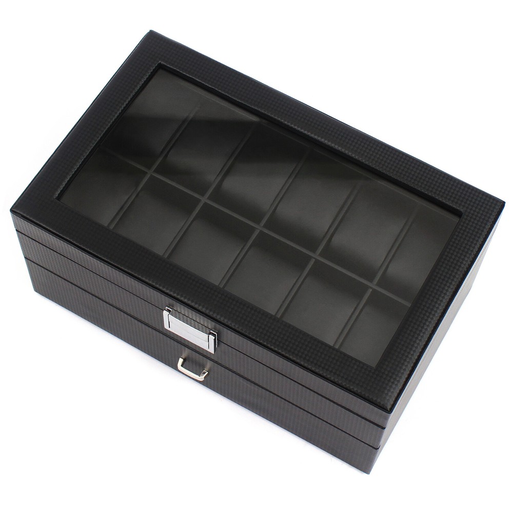 2-Tier Watch Display Case Lockable Necklace Organizer Box Luxury Storage Holder