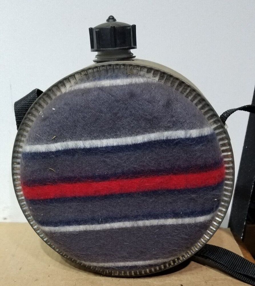 Vintage   Canteen Round Galvanized Wool Fabric Sided with Strap & Cap
