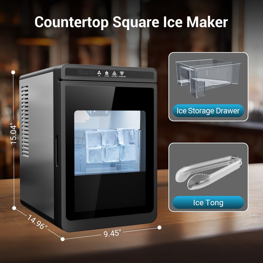 1.6'' Clear Ice Square Maker Machine, 200 PCS/Day, Ice Cube Maker Auto-Cleaning