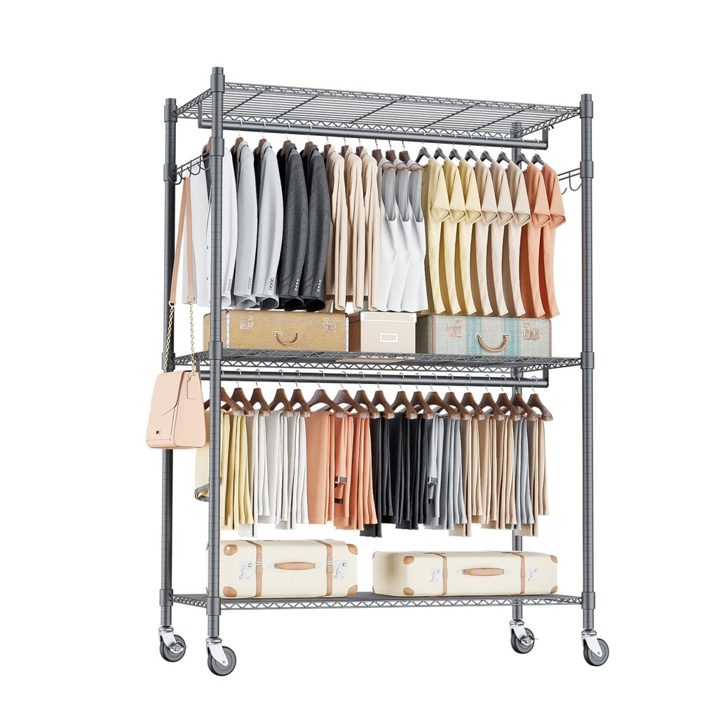 Heavy Duty Rolling Clothing Rack, Adjustable Garment Rack with 3 Tier Storage...