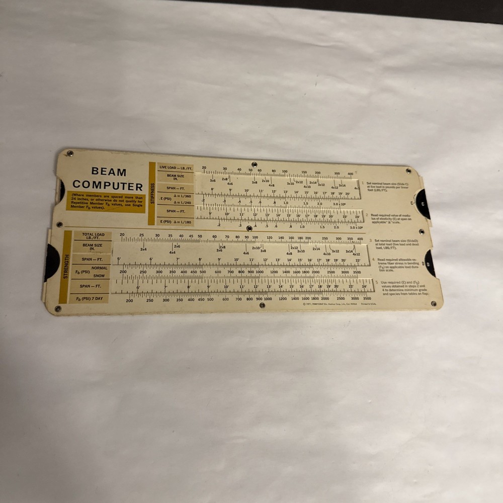 VTG BEAM SPAN COMPUTER Calculator Paper Slide Rule Structural Engineering USA