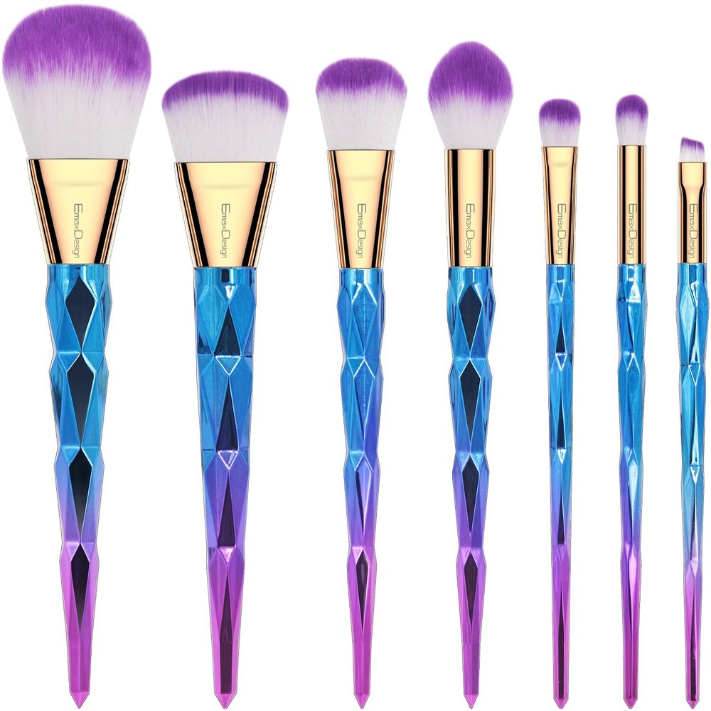 2-PACK Makeup Brushes 7 Pieces Colorful Diamond Pattern Purple & Blue EmaxDesign