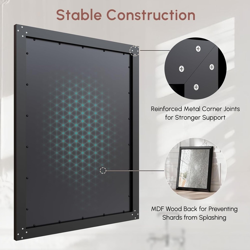USHOWER 30x40 Rectangular Bathroom Mirror Black Aluminum Frame Beveled Mirror US