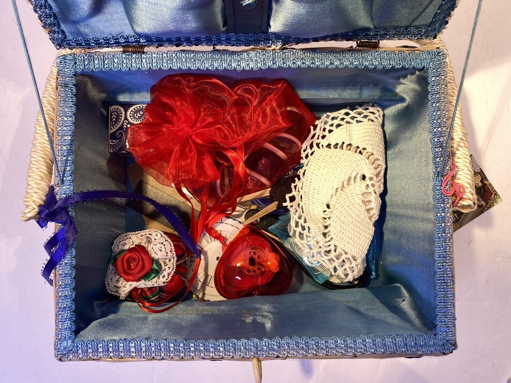 Musical Wicker Sewing Basket Notions Keepsake Kit Blue