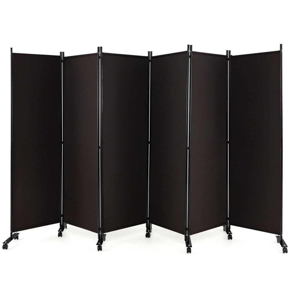 6-Panel Folding Room Divider 6' Rolling Privacy Screen w/ Lockable Wheels Brown