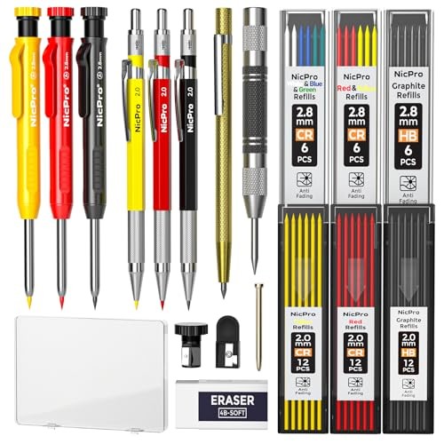 Carpenter Pencils Mechanical, Construction Pencils with 60 Refill, 18 Pack