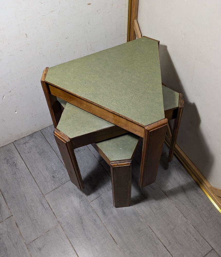 Vintage Set of 3 Mid Century Modern Triangular Wood Stacking Nesting Tables