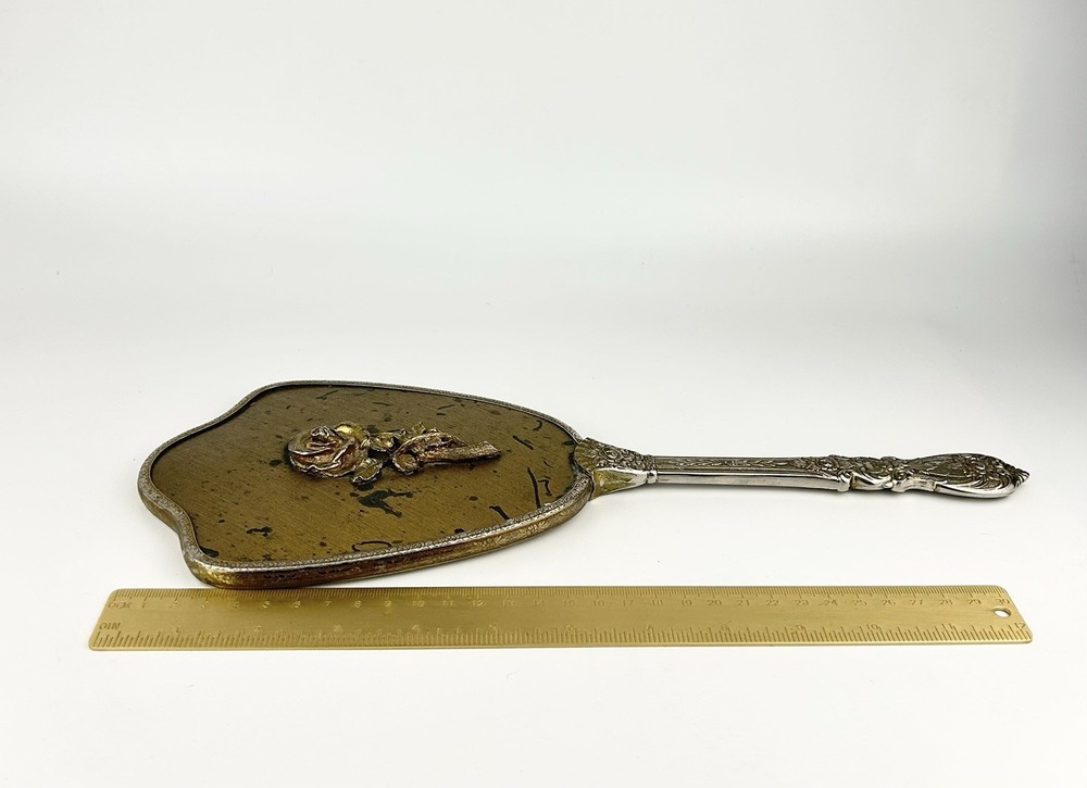 Vintage Vanity Hand Mirror Rose Design Long Handle