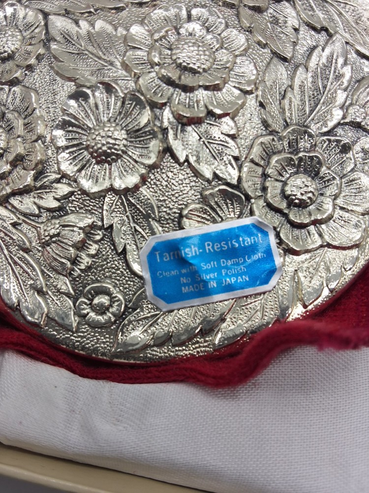 Vintage Silver Plate 3pc Vanity Set Floral Repousse Mirror Compact Comb Boxed